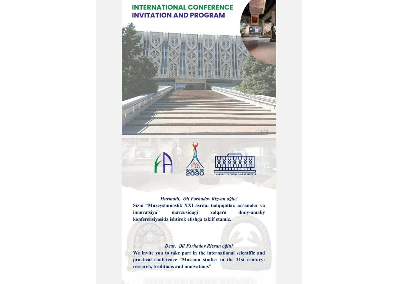 Muzeyin əməkdaşı Daşkənddə keçirilən beynəlxalq elmi-praktik konfransda məruzə ilə çıxış edib